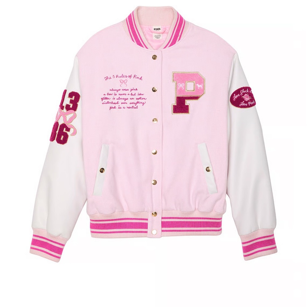 🎀 NWT  XL 🎀 PINK x Love Shack Fancy Reissued Varsity Jacket MSRP $199.95
